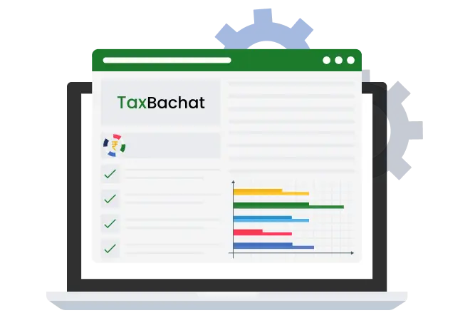 Illustration of people managing tax savings, filing, and compliance with a calculator and tax bag