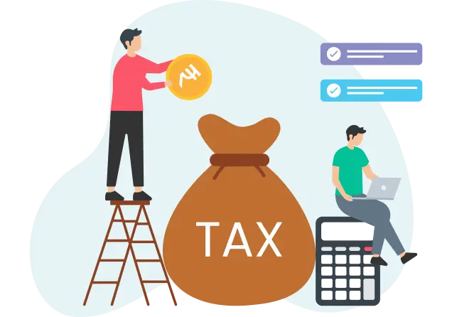 Illustration of people managing tax savings, filing, and compliance with a calculator and tax bag